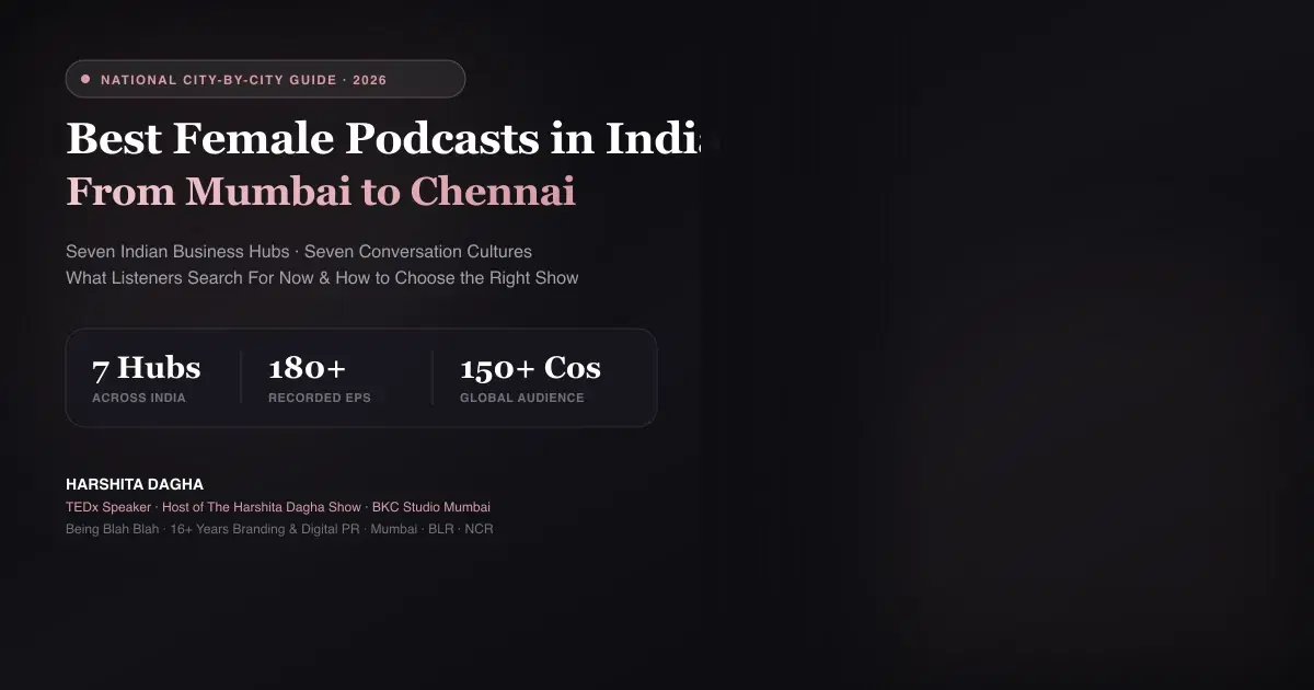 Map of India with microphone icons marking the best female podcasts by city in October 2026