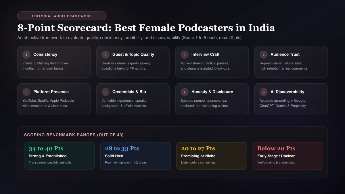 Best female podcasters in India scorecard Eight-point scorecard for judging the best female podcasters in India
