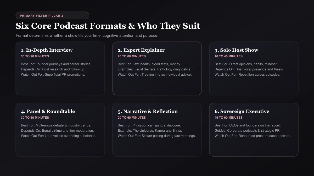 Podcast formats Icons for interview, solo, panel, expert explainer, storytelling and executive podcast formats