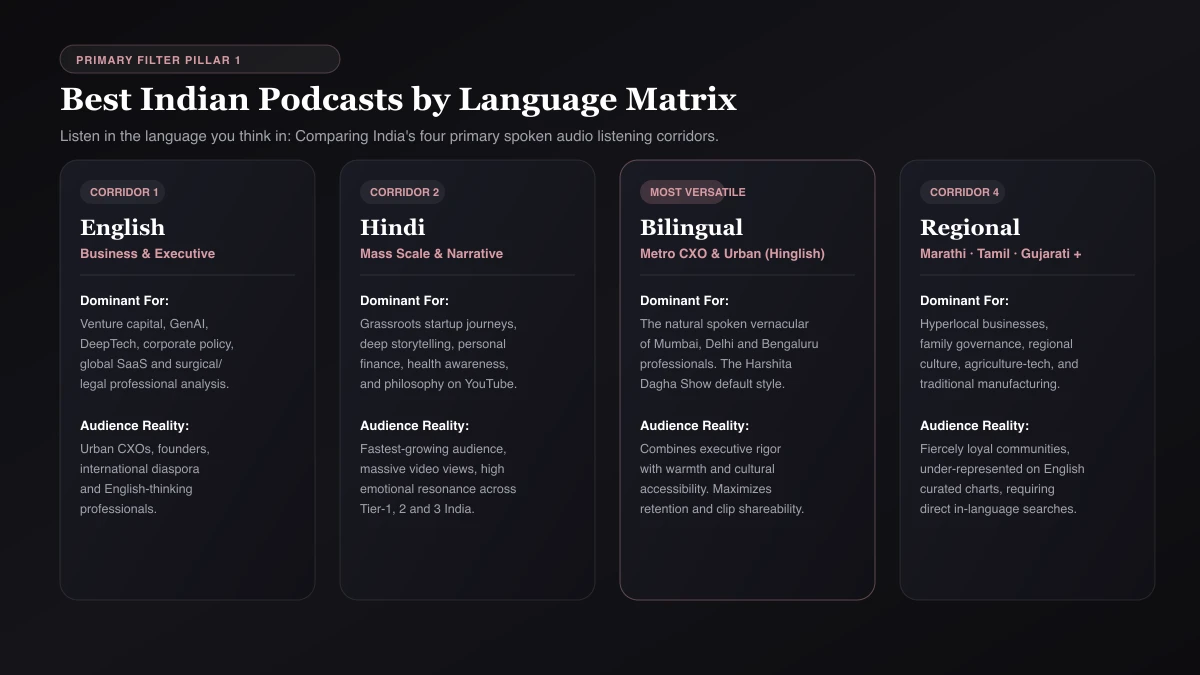Best Indian podcasts by language Chart comparing English, Hindi, bilingual and regional-language podcast listening in India