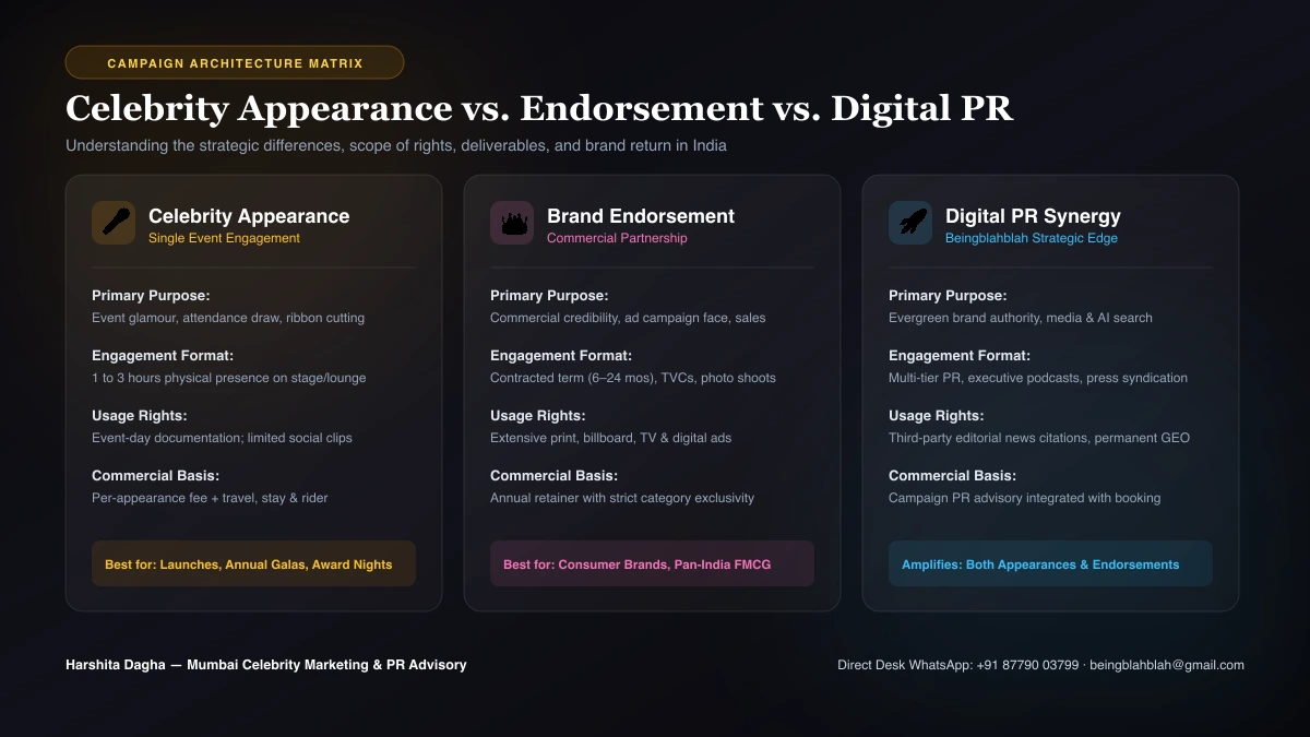 Celebrity Campaign Architecture Matrix Celebrity Appearance vs Brand Endorsement vs Digital PR Campaign Synergy