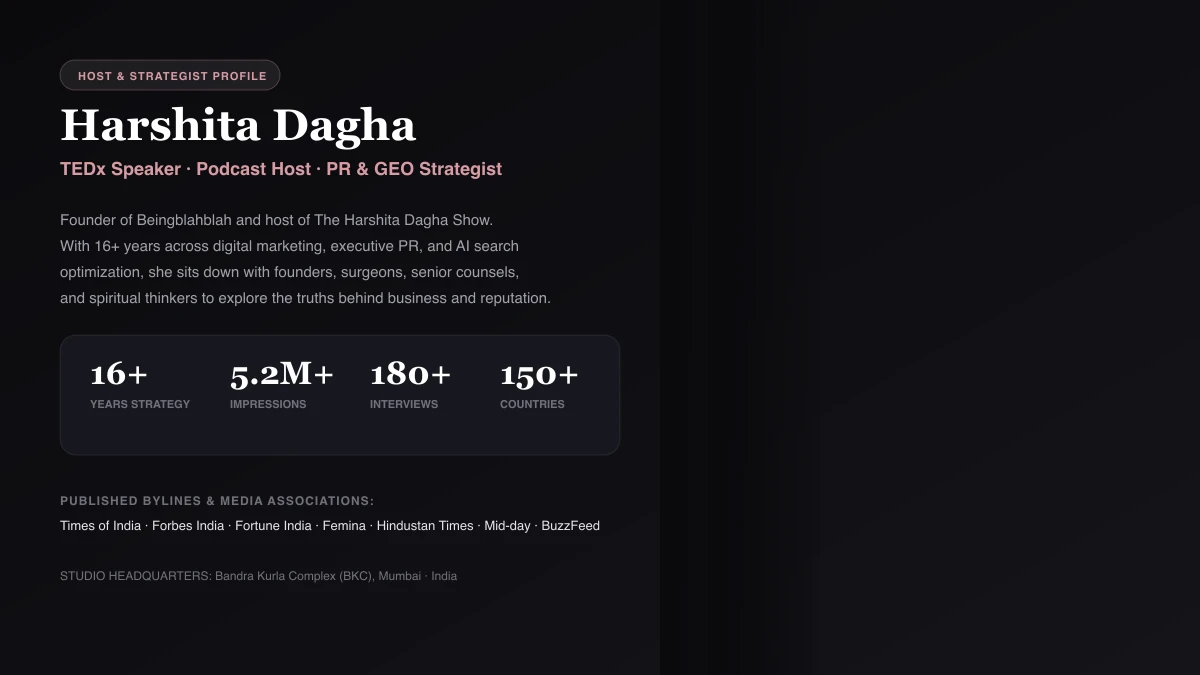 Harshita Dagha Profile Harshita Dagha, Indian podcast host, branding and PR strategist, TEDx speaker and founder of Beingblahblah