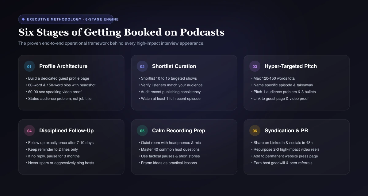 Six-stage diagram: profile, shortlist, pitch, follow-up, record, promote