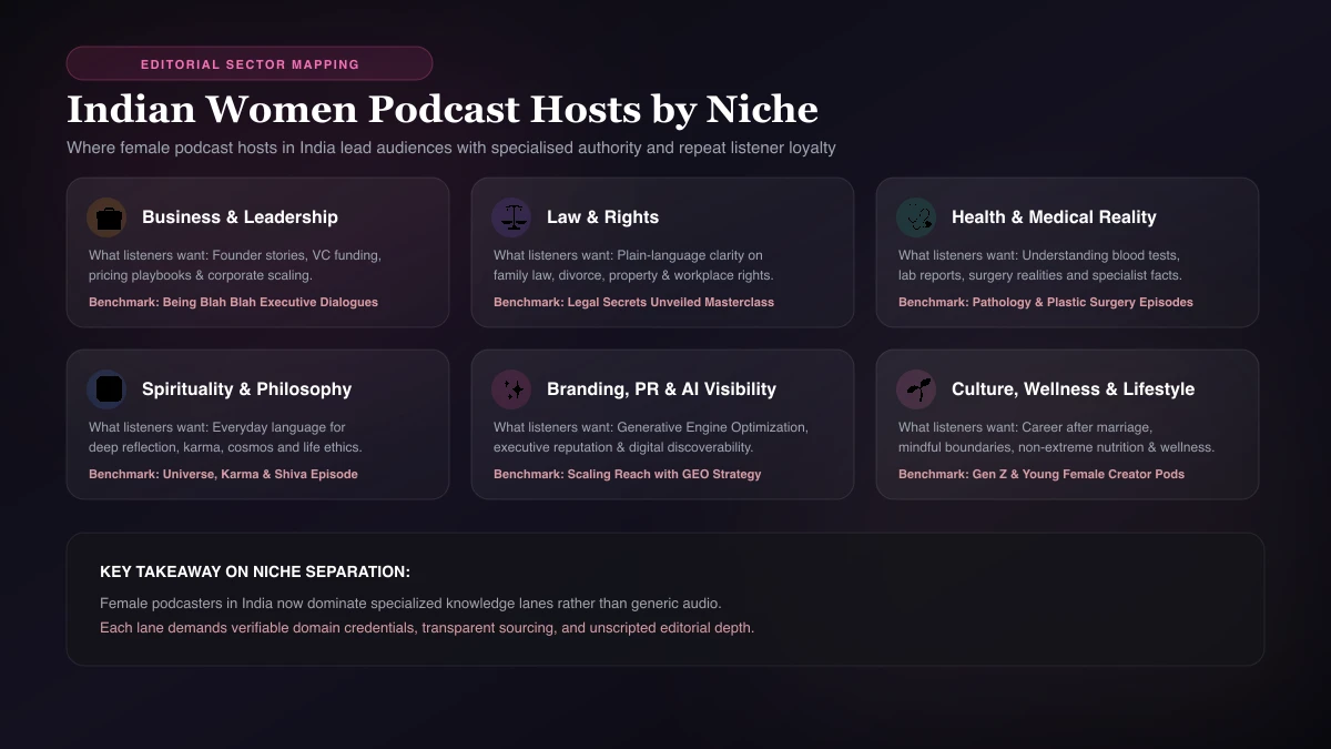 Indian women podcast hosts by niche Chart of Indian women podcast hosts by niche: business, law, health, spirituality, branding