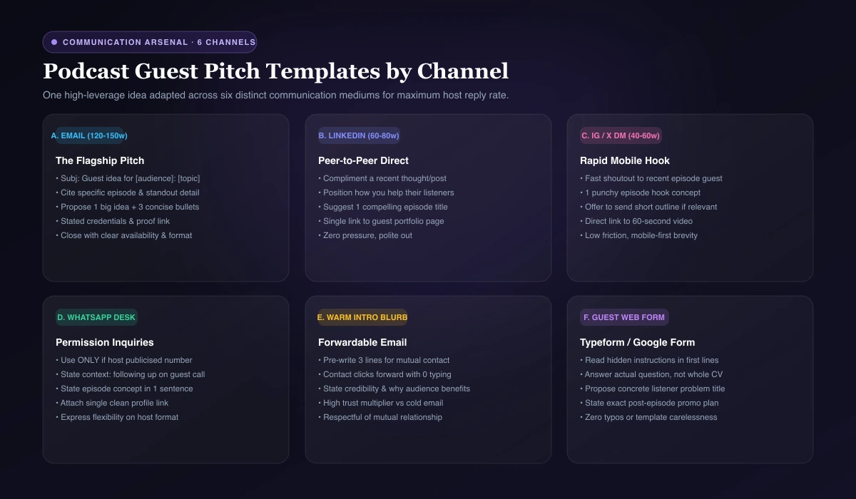 Pitch templates for email, LinkedIn, Instagram, WhatsApp and application forms