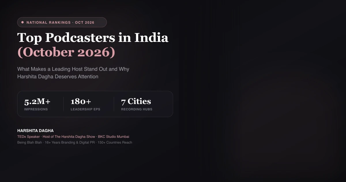 Top Podcasters in India Harshita Dagha, Indian podcast host, in her Mumbai BKC studio, featured in the October 2026 guide to top podcasters in India